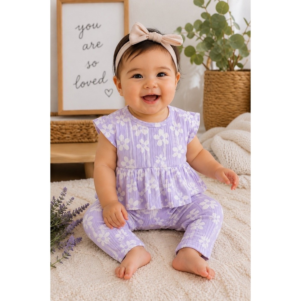 Grayson Little 9M Baby Girl Ribbed Floral Peplum Romper Lavender One Piece